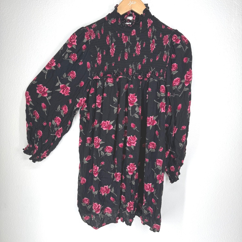 Vintage Angie‎ Floral Smocked Mock Neck Mini Dress Medium Victorian Whimsigoth